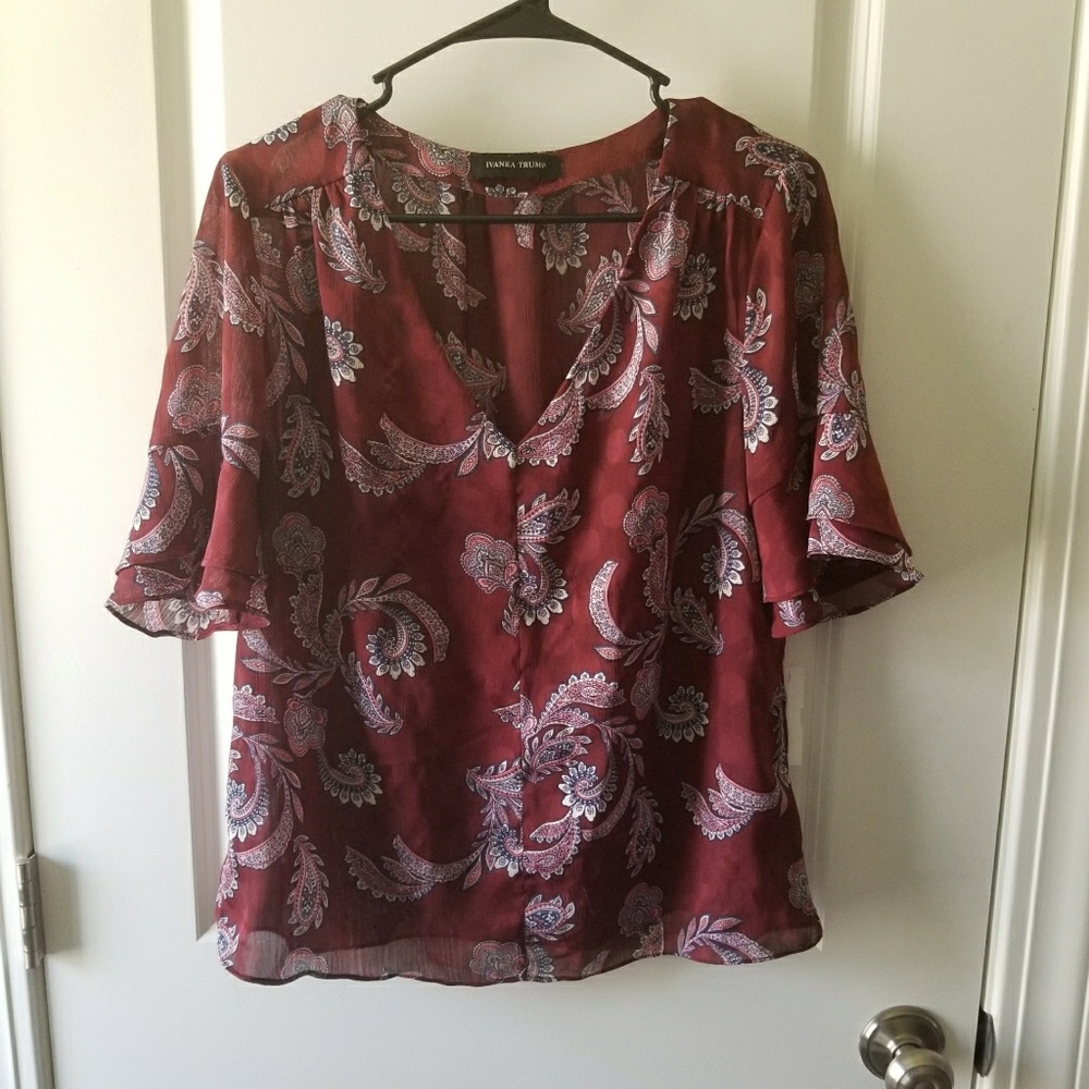 L Ivanka Trump Burgundy Blouse, EUC